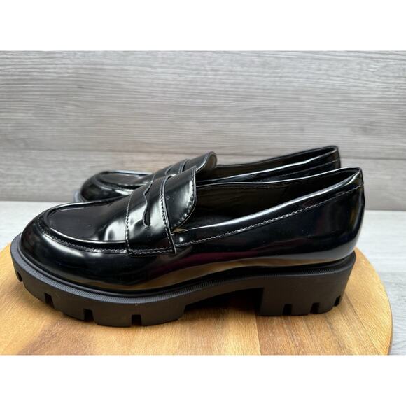 NEW Nine West Black Patent Loafers Size 7M Chunky Lug Dark Academia Work office - Picture 2 of 9
